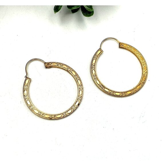 Vintage Gold-Tone Etched Hoop Earring - Picture 1 of 7